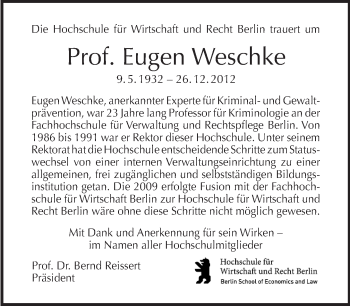 Traueranzeige von Eugen Weschke von Tagesspiegel