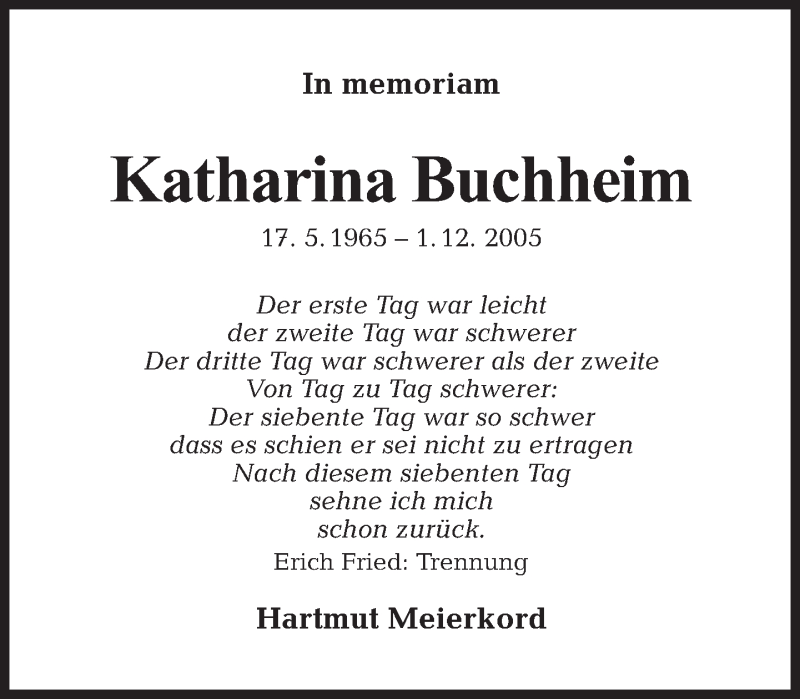  Traueranzeige für Katharina Buchheim vom 02.12.2012 aus Tagesspiegel