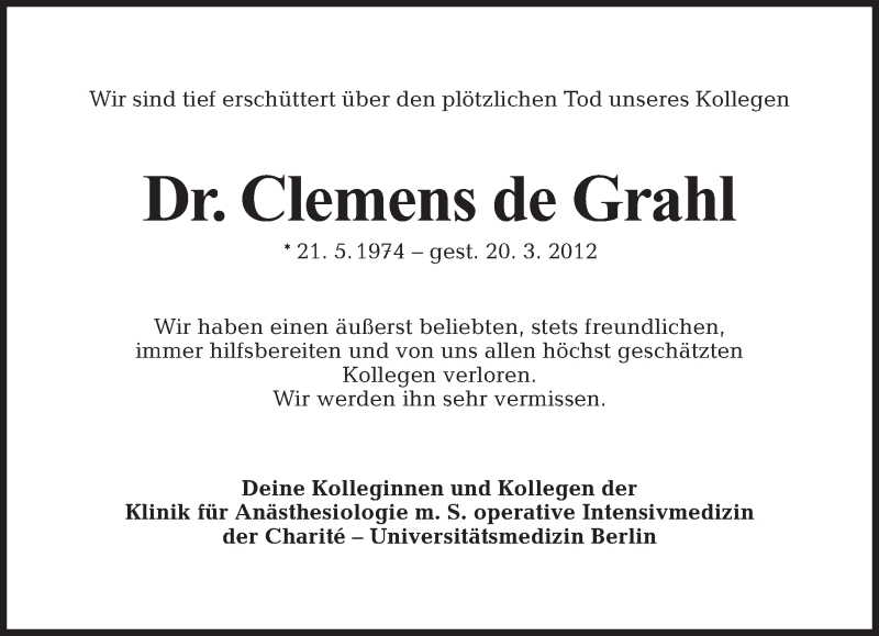  Traueranzeige für Clemens de Grahl vom 01.04.2012 aus Tagesspiegel