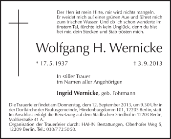 Traueranzeige von Wolfgang H. Wernicke von Tagesspiegel