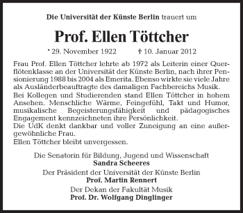 Traueranzeige von Ellen Töttcher von Tagesspiegel