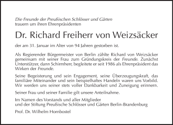 Traueranzeige von Richard Freiherr von Weizsäcker von Tagesspiegel