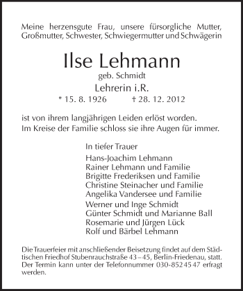 Traueranzeige von Ilse Lehmann von Tagesspiegel