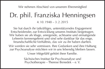 Traueranzeige von Franziska Henningsen von Tagesspiegel