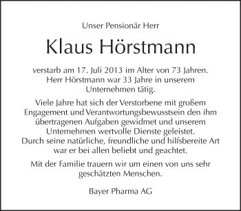 Traueranzeige von Klaus Hörstmann von Tagesspiegel