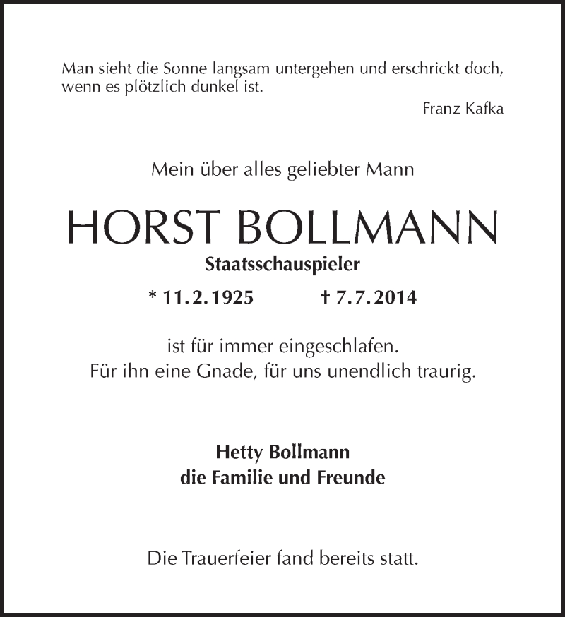  Traueranzeige für Horst Bollmann vom 13.07.2014 aus Tagesspiegel