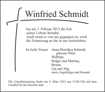 Traueranzeige von Winfried Schmidt von Tagesspiegel