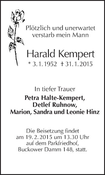 Traueranzeige von Harald Kempert von Tagesspiegel