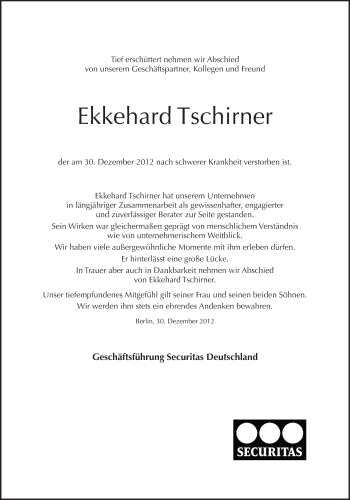 Traueranzeige von Ekkehard Tschirner von Tagesspiegel