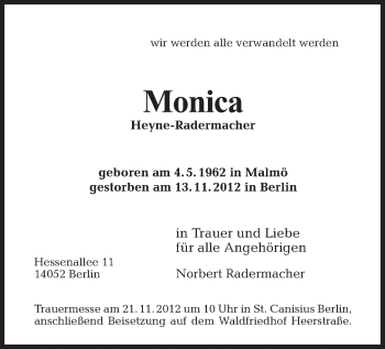 Traueranzeige von Monica Heyne-Radermacher von Tagesspiegel