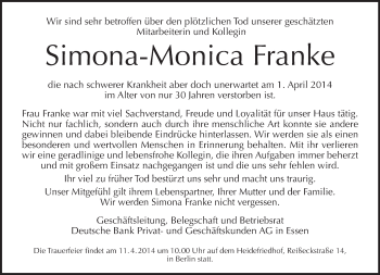 Traueranzeige von Simona-Monica Franke von Tagesspiegel