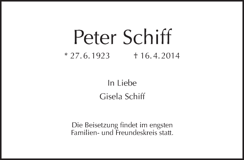  Traueranzeige für Peter Schiff vom 27.04.2014 aus Tagesspiegel