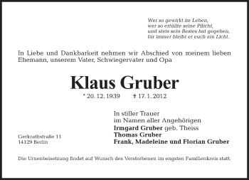 Traueranzeige von Klaus Gruber von Tagesspiegel