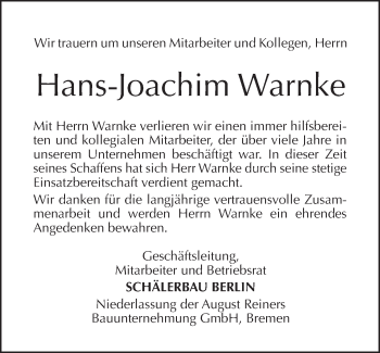 Traueranzeige von Hans-Joachim Warnke von Tagesspiegel