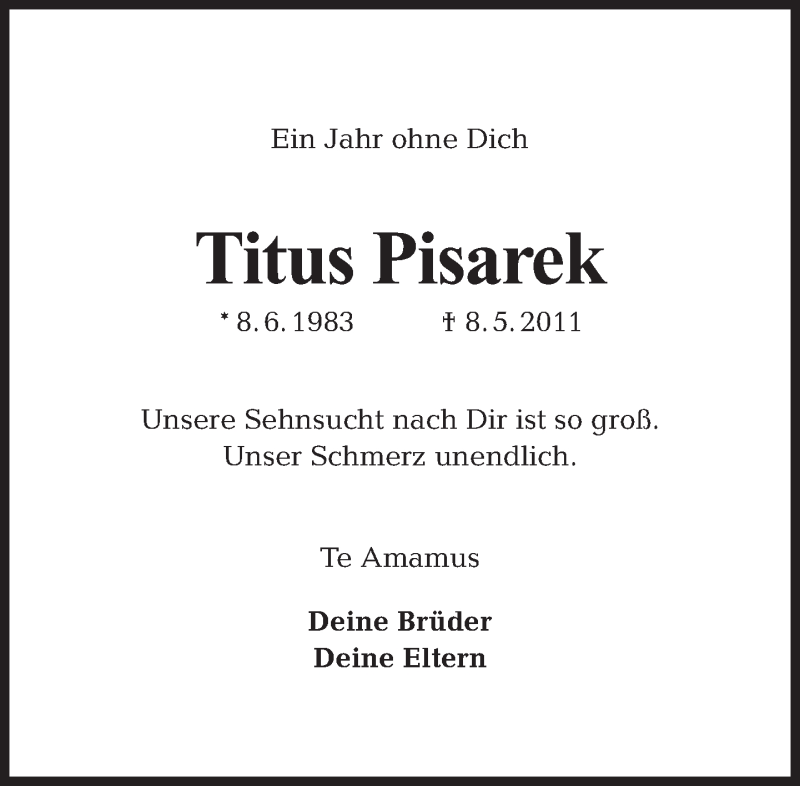  Traueranzeige für Titus Pisarek vom 08.05.2012 aus Tagesspiegel