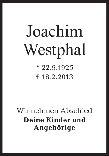 Traueranzeige von Joachim Westphal von Tagesspiegel