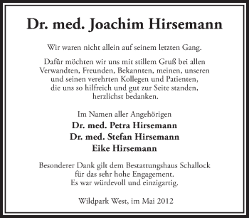Traueranzeige von Joachim Hirsemann von Tagesspiegel
