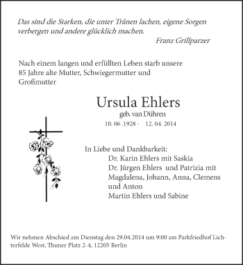 Traueranzeige von Ursula Ehlers von Tagesspiegel