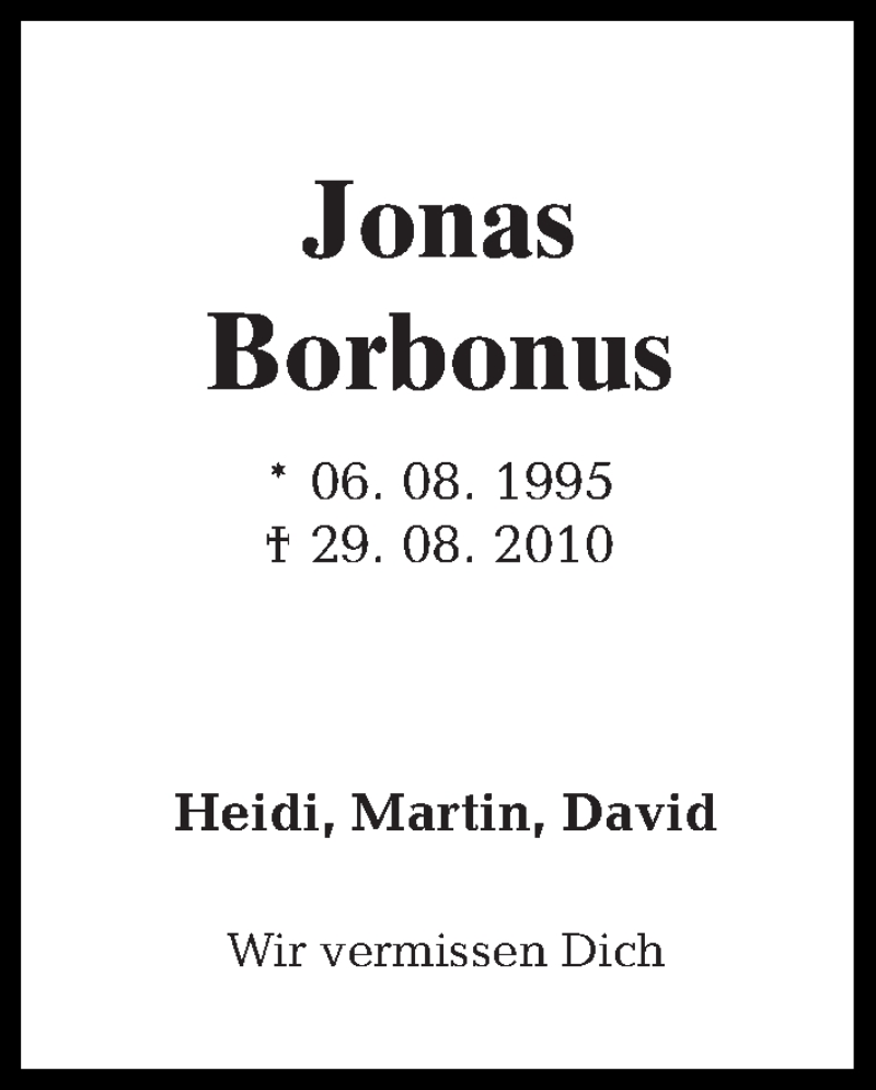  Traueranzeige für Jonas Borbonus vom 06.08.2013 aus Tagesspiegel