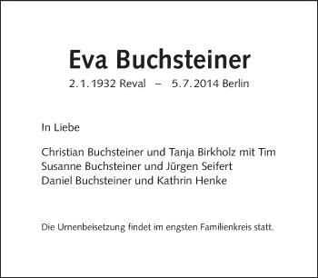 Traueranzeige von Eva Buchsteiner von Tagesspiegel