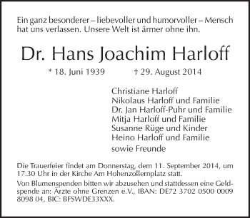 Traueranzeige von Hans Joachim Harloff von Tagesspiegel