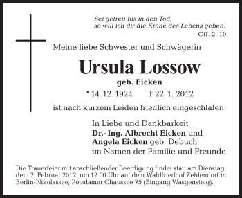 Traueranzeige von Ursula Lossow von Tagesspiegel