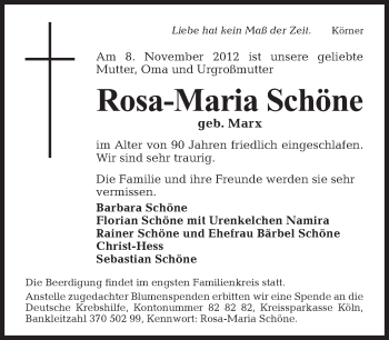 Traueranzeige von Rosa-Maria Schöne von Tagesspiegel