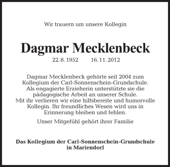 Traueranzeige von Dagmar Mecklenbeck von Tagesspiegel
