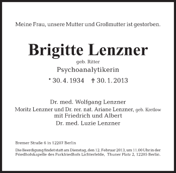 Traueranzeige von Brigitte Lenzner von Tagesspiegel