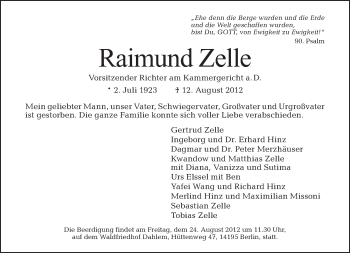 Traueranzeige von Raimund Zelle von Tagesspiegel