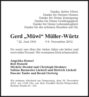 Traueranzeige von Gerd Müller-Würtz von Tagesspiegel