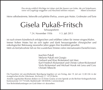 Traueranzeige von Gisela Pukaß-Fritsch von Tagesspiegel