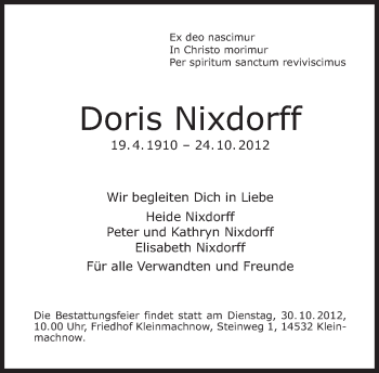 Traueranzeige von Doris Nixdorff von Tagesspiegel