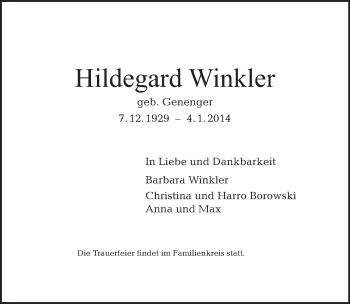 Traueranzeige von Hildegard Winkler von Tagesspiegel