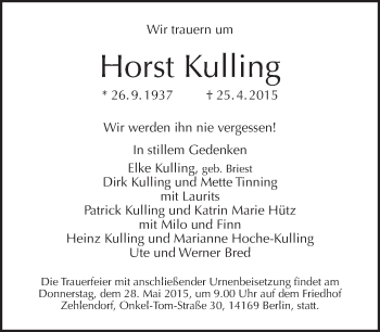 Traueranzeige von Horst Kulling von Tagesspiegel