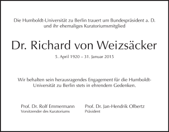 Traueranzeige von Richard von Weizsäcker von Tagesspiegel