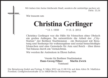 Traueranzeigen von Christina Gerlinger | Tagesspiegel Trauer