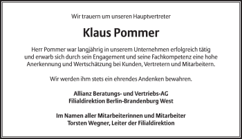 Traueranzeige von Klaus Pommer von Tagesspiegel