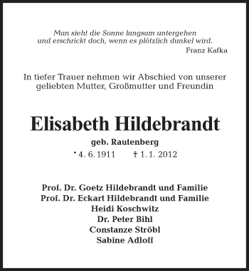 Traueranzeige von Elisabeth Hildebrandt von Tagesspiegel