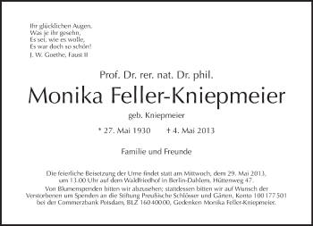Traueranzeige von Monika Feller-Kniepmeier von Tagesspiegel