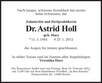 Traueranzeige von Astrid Holl von Tagesspiegel