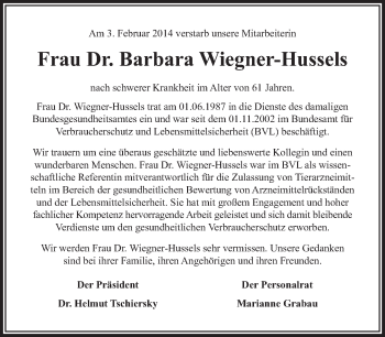 Traueranzeige von Barbara Wiegner-Hussels von Tagesspiegel