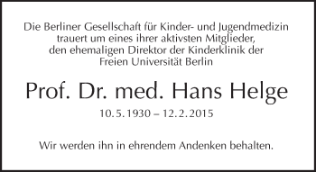Traueranzeige von Hans Helge von Tagesspiegel