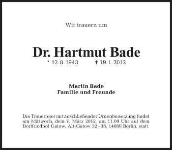 Traueranzeige von Hartmut Bade von Tagesspiegel