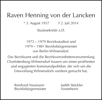 Traueranzeige von Raven Henning von der Lancken von Tagesspiegel