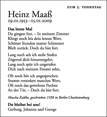 Traueranzeige von Heinz Maaß von Tagesspiegel