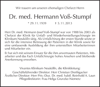 Traueranzeige von Hermann Voß-Stumpf von Tagesspiegel