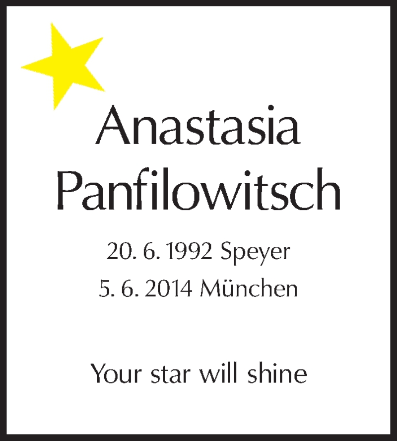  Traueranzeige für Anastasia Panfilowitsch vom 20.06.2014 aus Tagesspiegel