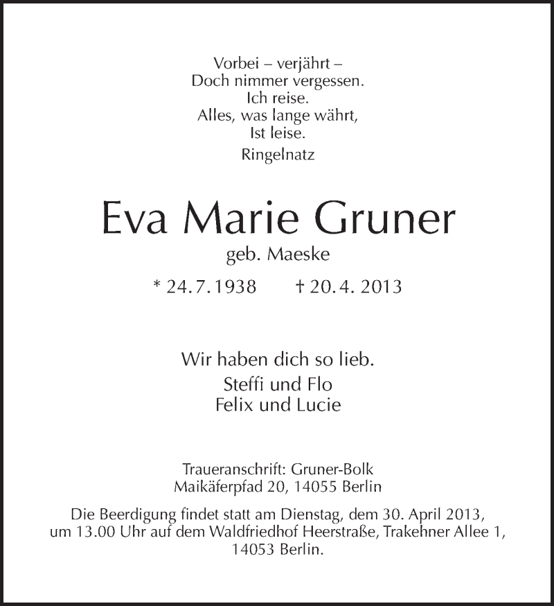  Traueranzeige für Eva Marie Gruner vom 28.04.2013 aus Tagesspiegel