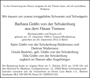 Traueranzeige von Barbara Gräfin von der Schulenburg von Tagesspiegel